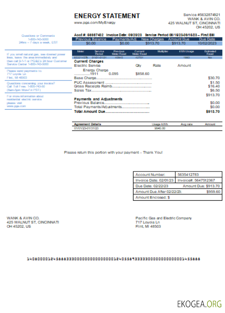 Facture commerciale de services publics de California PG&E (Pacific Gas and Electric Company) SCR